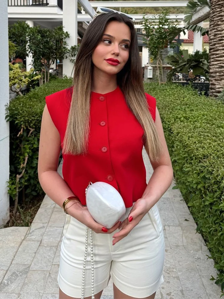 Gilets courts d'été sans manches pour femmes, gilet rouge pour tenue de bureau, gilet boutonné, costume décontracté, manteau