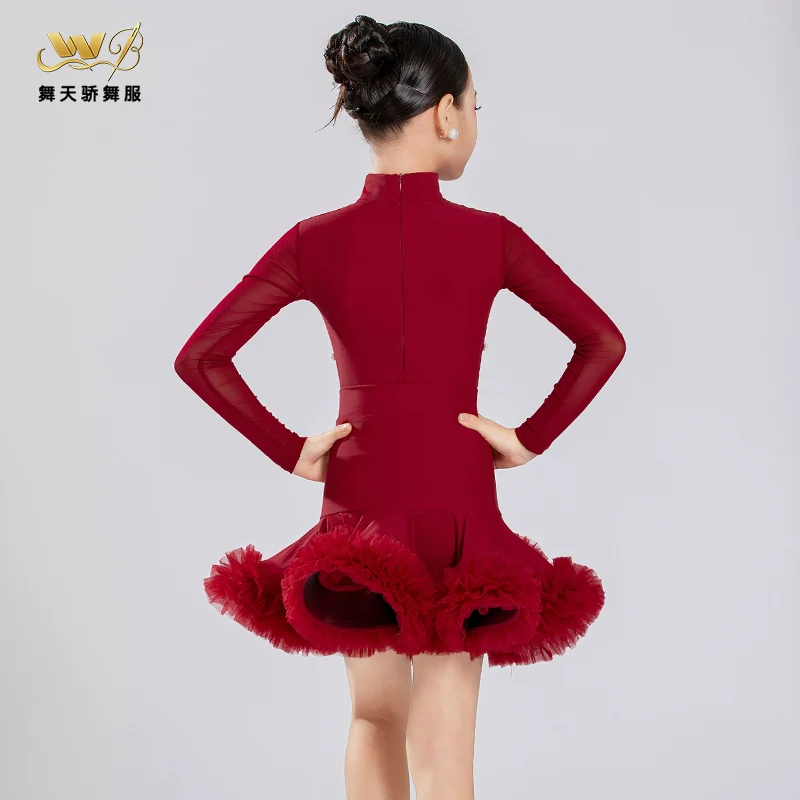 Nuevo traje de baile latino de encaje para niños y niñas, traje de actuación de práctica de alta gama, conjunto de manga larga