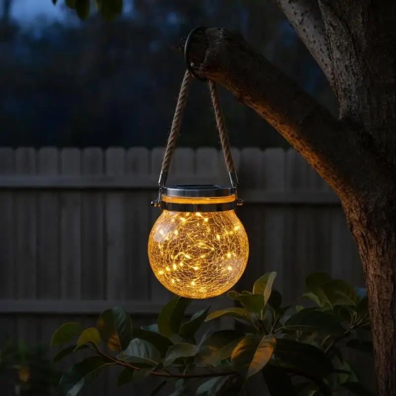 Solar Cracked Glass Hanging Light Warm LED Fairy Lamp Waterproof Auto On Off Decor Lantern For Garden Patio Yard Decoration