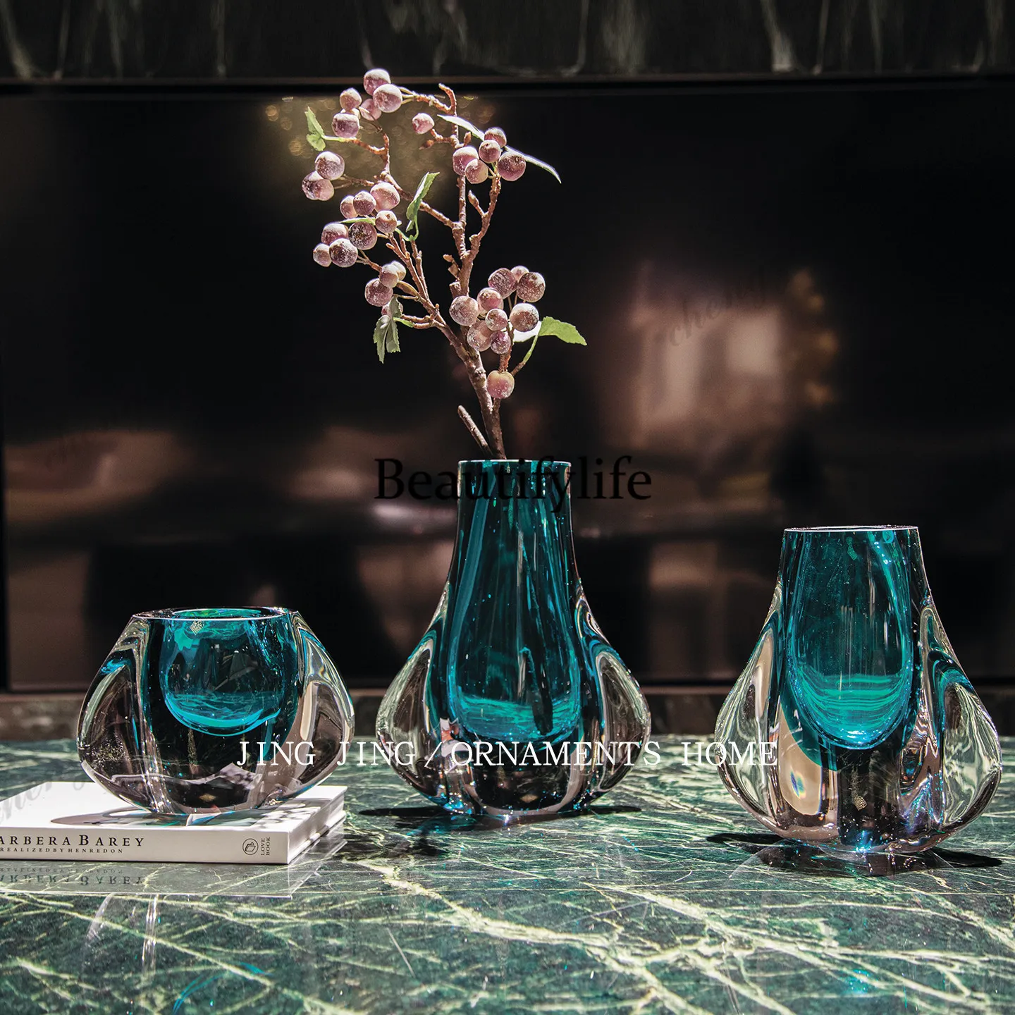 Light luxury blue green glazed combination vase TV cabinet decoration advanced flower arrangement device