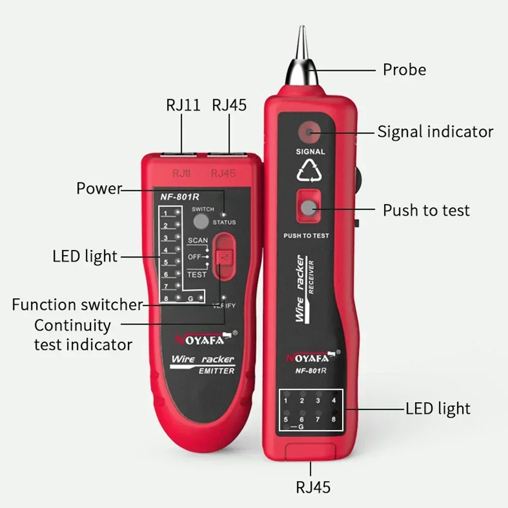 NOYAFA-probador de Cable de red NF-801B, rastreador de Cable telefónico Ethernet LAN, buscador de línea RJ45 RJ11 con iluminación LED, voltaje resistente