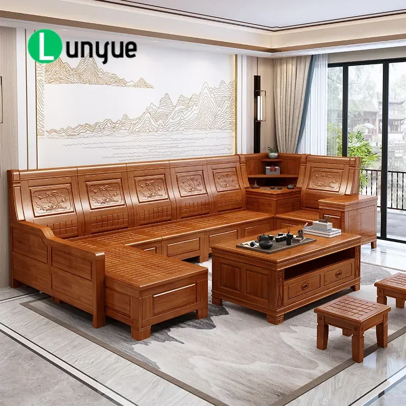 Fragrant Camphor Wood Solid Sofa Set New Chinese Style Modern Simple Carved Storage Corner Couch for Small Apartment Living