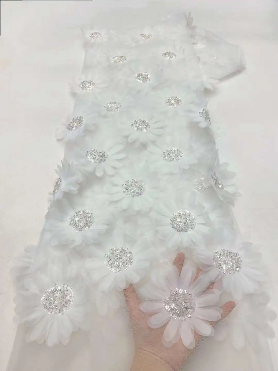 아프리카 3D 레이스 원단 5야드 2025 고품질 비즈 신랑 자수 프랑스 나이지리아 스팽글 레이스 원단 웨딩용