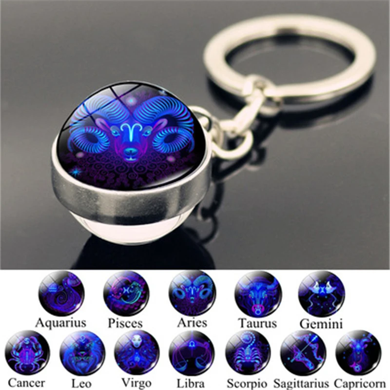 

Fashion 12 Constellation Keychain Double Side Glass Cabochon Ball Keychain Zodiac Signs Key Rings Jewelry for Women Men Gift