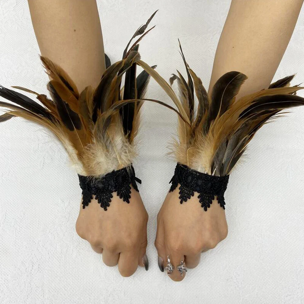 Mesh Sleeve Hook Finger Gloves Embroidery Long Lace Feather Gloves Stage Accessory Party Halloween Gothic Female Fashion Gloves