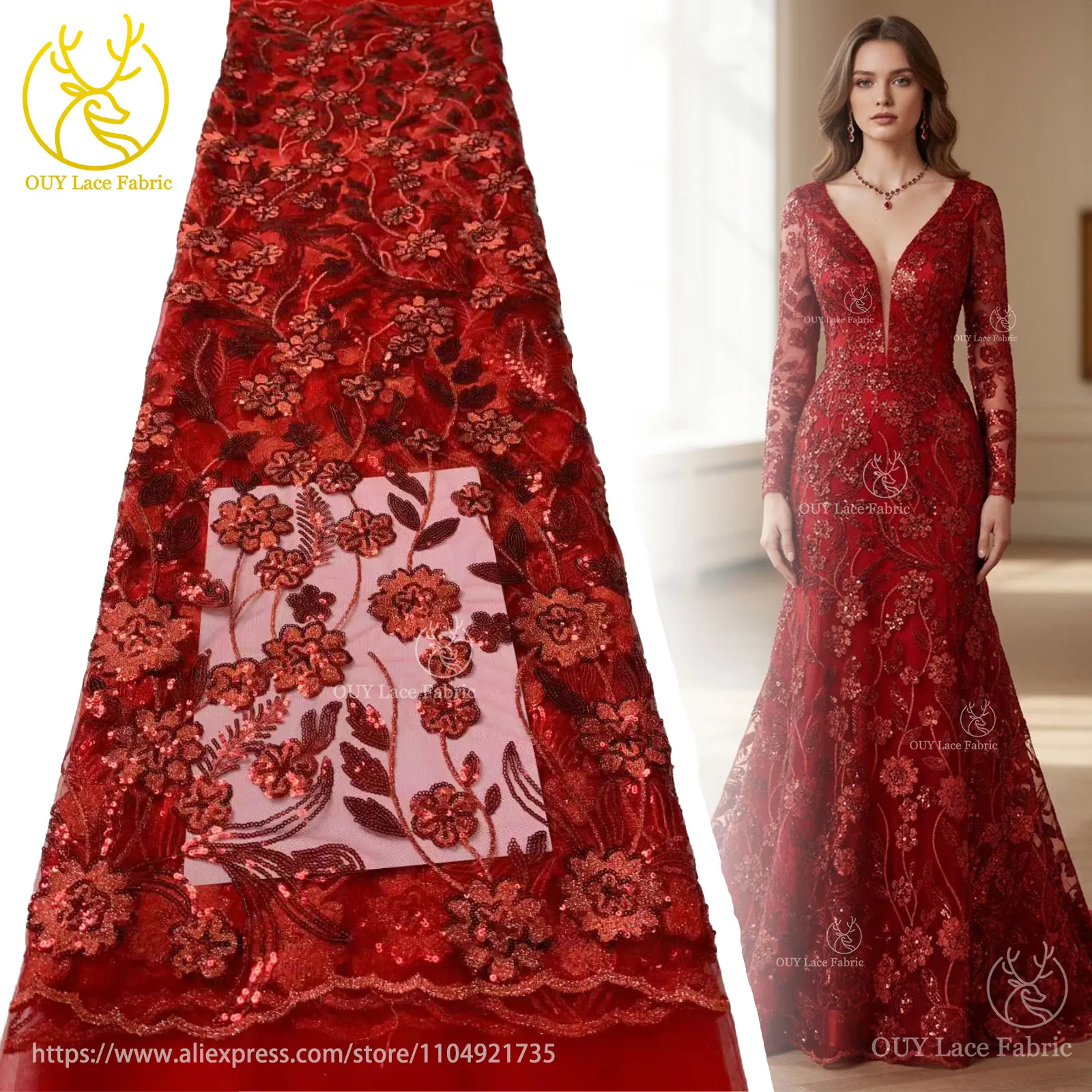 

African Sequins Embroidery Lace Fabric High Quality French Nigerian Sequins Tulle Lace Fabric Ladies Dress Wedding Dress Sewing