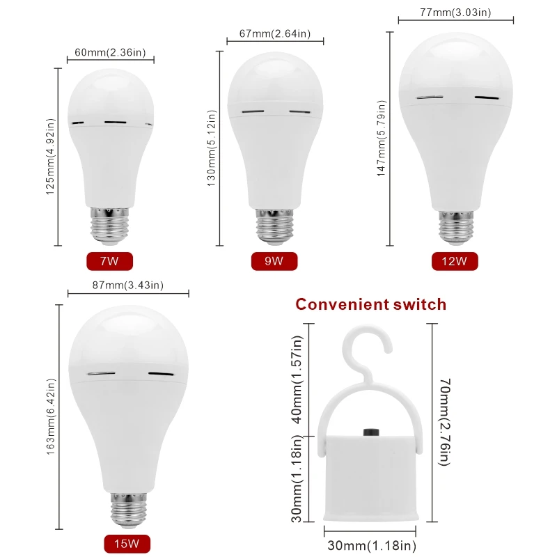 Bombilla LED recargable para el hogar, lámpara de emergencia para tienda de campaña, porche y jardín, 7w, 9w, 12w, 15w, 1200mAh, 85-265V