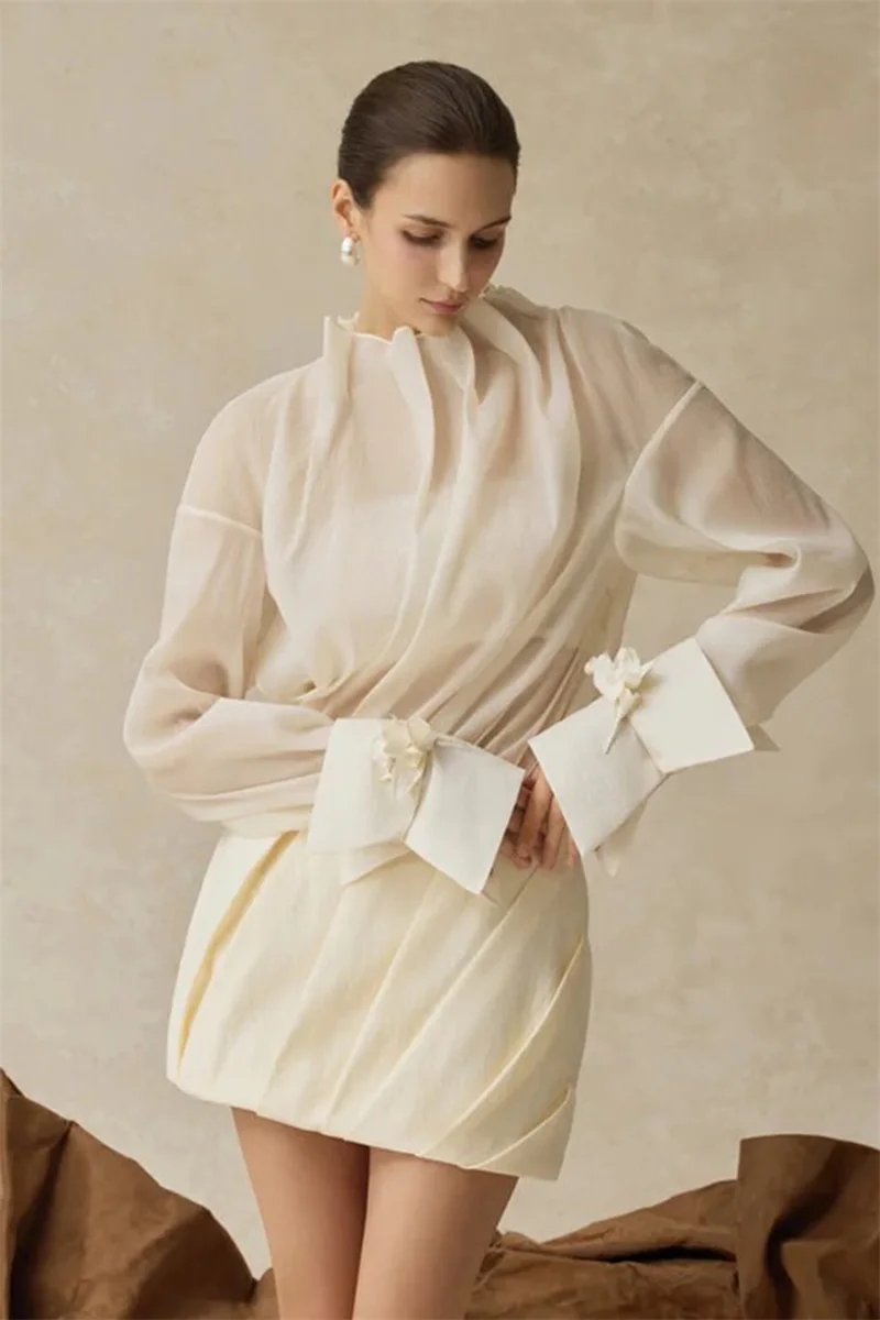 Cream White French Chic Sheer Sleeve Prom Dress Ruched 3‑Piece Camisole Mini Party Gown Bodycon Graceful Atmosphere Evening Robe