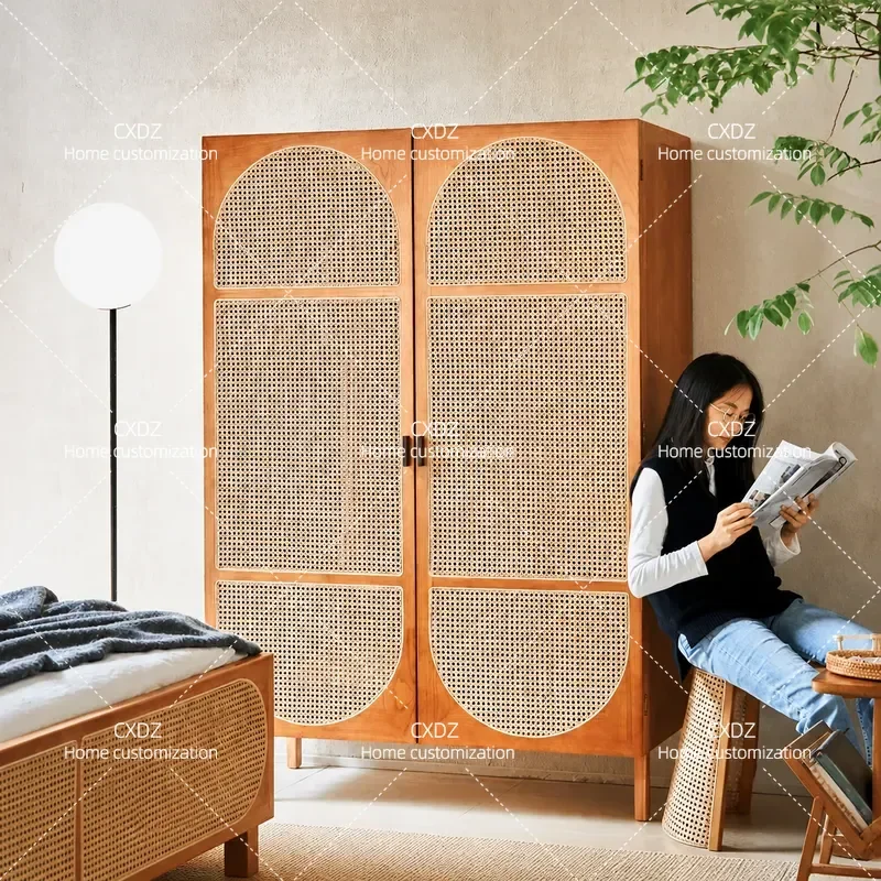 Solid Wood Wardrobe Modern Simple Rattan Storage Cabinet Bedroom Hanging Clothes Organizer Hotel Locker Furniture