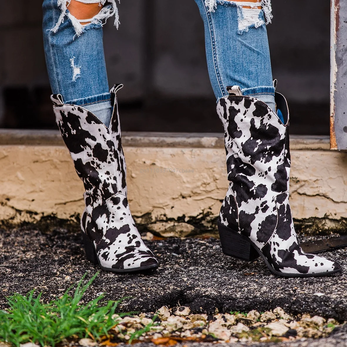 Cow Print Western Cowgirl Boots For Women Retro Pointed Toe Chunky Heel Mid Calf Boot Party Concert Daily Casual Wear Shoes