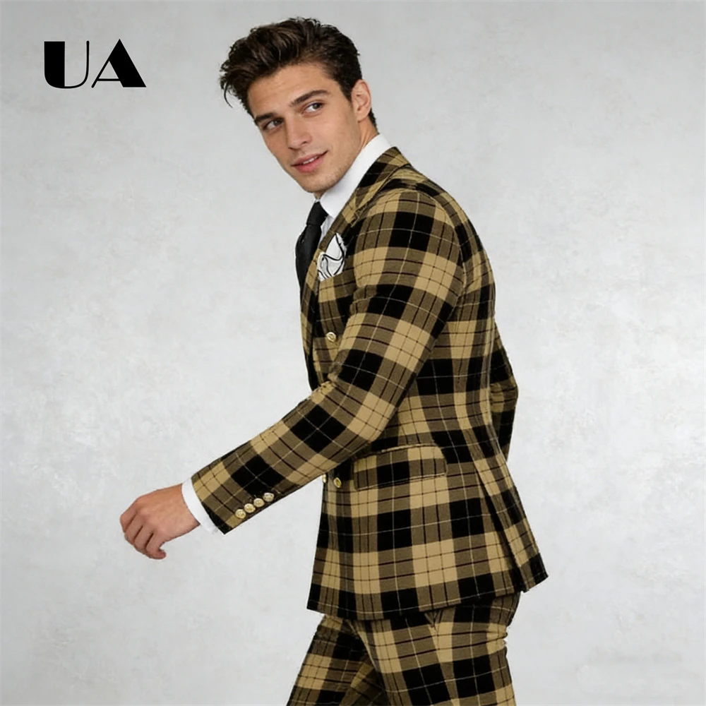 Raster Dubbele Rij Banketpak Heren Moderne Pasvorm Formele Slijtage Tweedelig Pak Set Jas Broek Diner Avondpak kledij