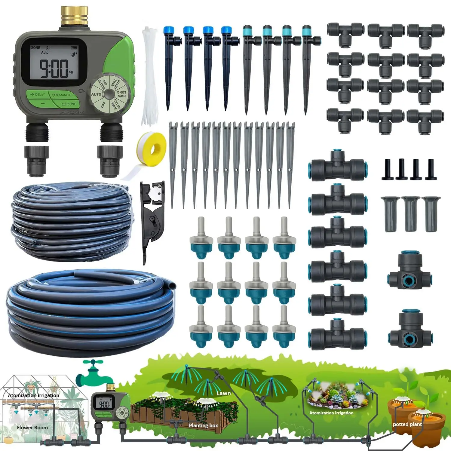 Dual System Drip Irrigation Kit - Auto Watering for Garden, Greenhouse, Lawn