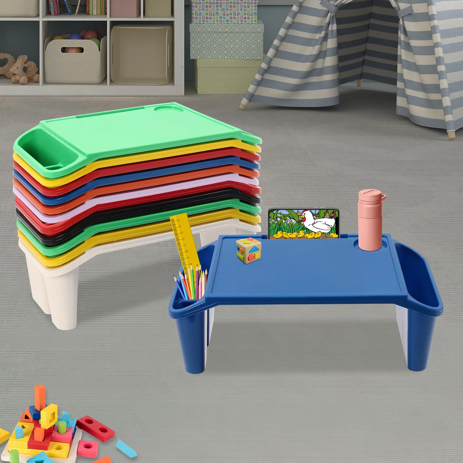 6Pcs Color Multifunctional Movable Dining Table Children's Laptop Table with Side Storage Used in Kindergartens and Families