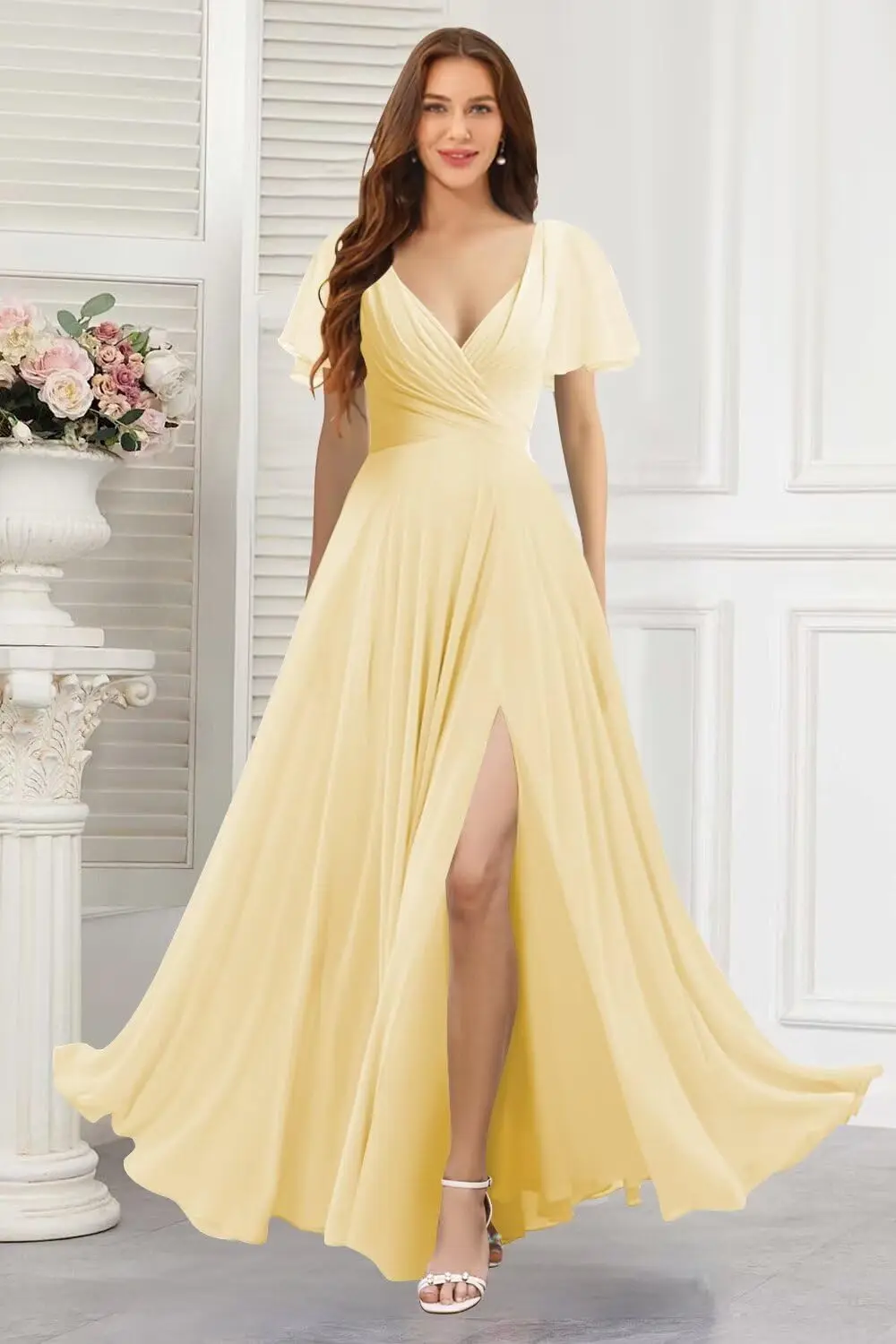 Women's V Neck Bridesmaid Dresses with Slit 2025 Chiffon Short Sleeves A Line Long Formal Elegant Dress Women for Wedding Party