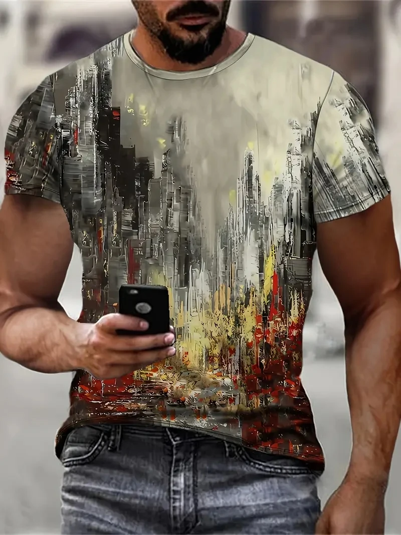 เสื้อยืดแขนสั้นพิมพ์ลายภาพวาดสีน้ำมันพิมพ์ลาย 3D ขนาดบวกของผู้ชาย หลวมและลำลอง นุ่ม สบาย และระบายอากาศได้