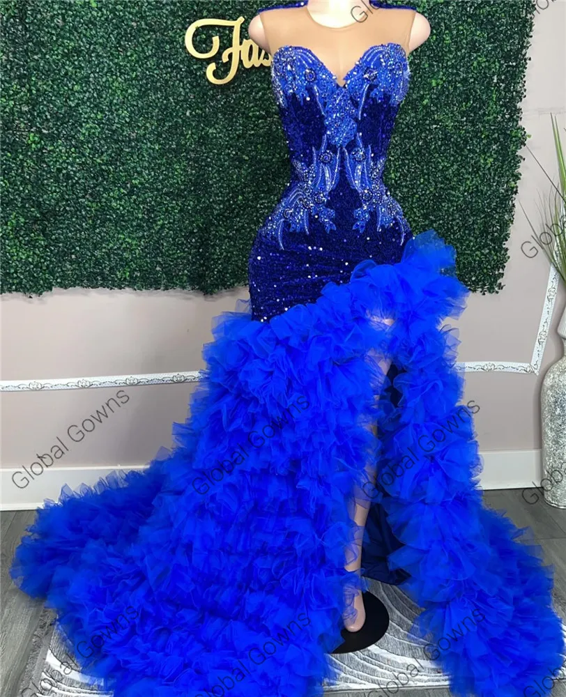 Royal Blue O N Long Prom Gowns Black Girl Applique Birthday Party Dresses Ruffles Evening Dress High Slit Robe De Bal Customized