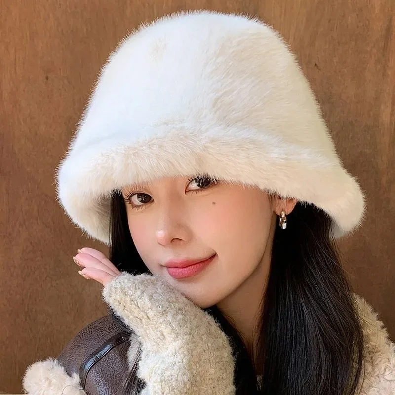 Soft Winter Plush Warm Bucket Hat for Women Girl Solid Color Fordable Wide Brim Panama Cap Outdoor Windproof Tour Basin Hats