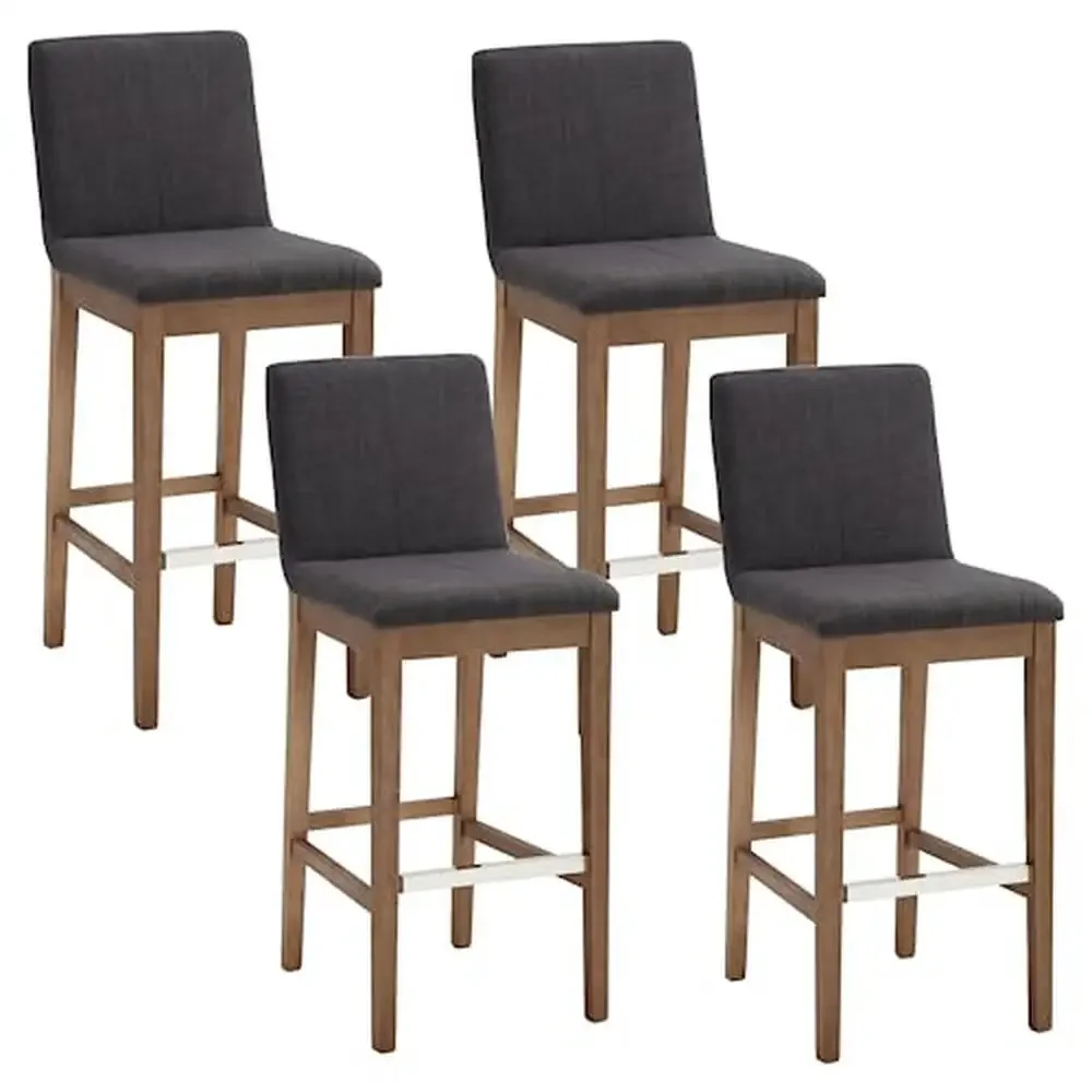 Wooden Frame Upholstered Bar Stools Set of 4 30 Inch Mid Century High Chairs with Backrest and Stainless Steel Kick Plate Ideal