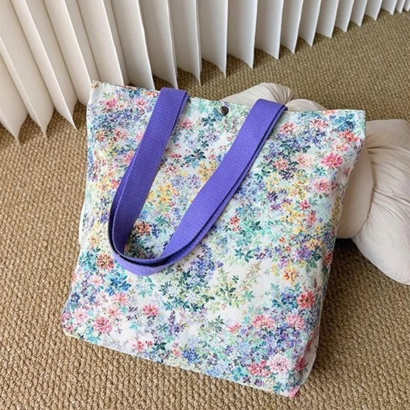 Red Blue Purple Flower Vintage Floral Oil Painting Canvas Tote Bag Shoulder Shopper Handbag Large Capacity Casual Commute Girls