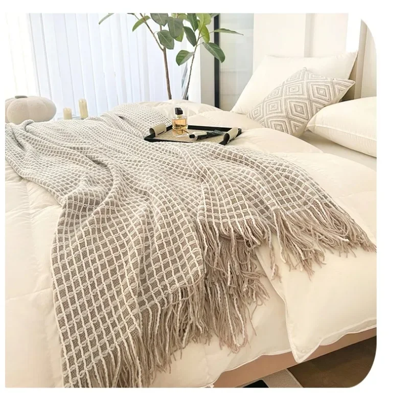 

Modern Plaid Tassels Bed Flag Bed Tail Scarf Runner Upscale Household Bedroom Hotel Flag Bed End Towel End Blanket