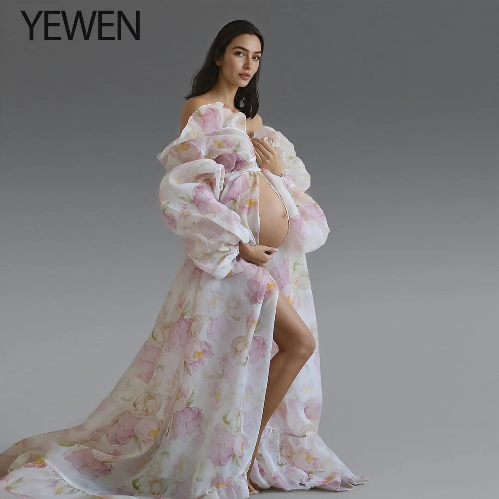 Floral Organza Puffy Sleeves Dress for Pregnant Women for Photo Shoot Slit Photography and Maternity Dresses for Baby Shower