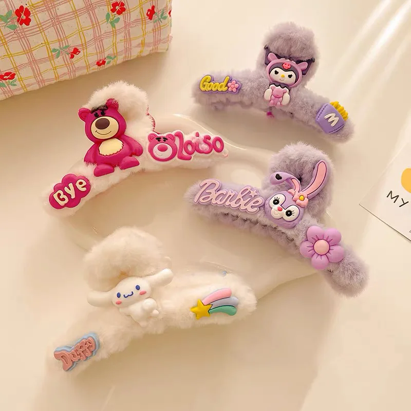 

Disney lotso Sanrio autumn and winter plush hair clips cute cartoon hair accessories for women, sweet shark hair clips