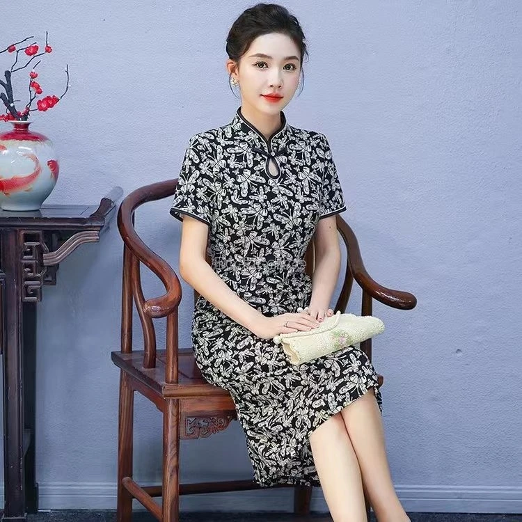 2024 summer new improved retro chinese elegant slimming cheongsam dress mid-length short sleeve printed daily qipao dress w430