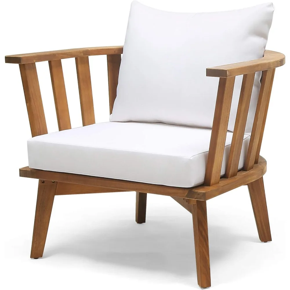Dean Outdoor Wooden Club Chair with Cushions, White and Teak Finish