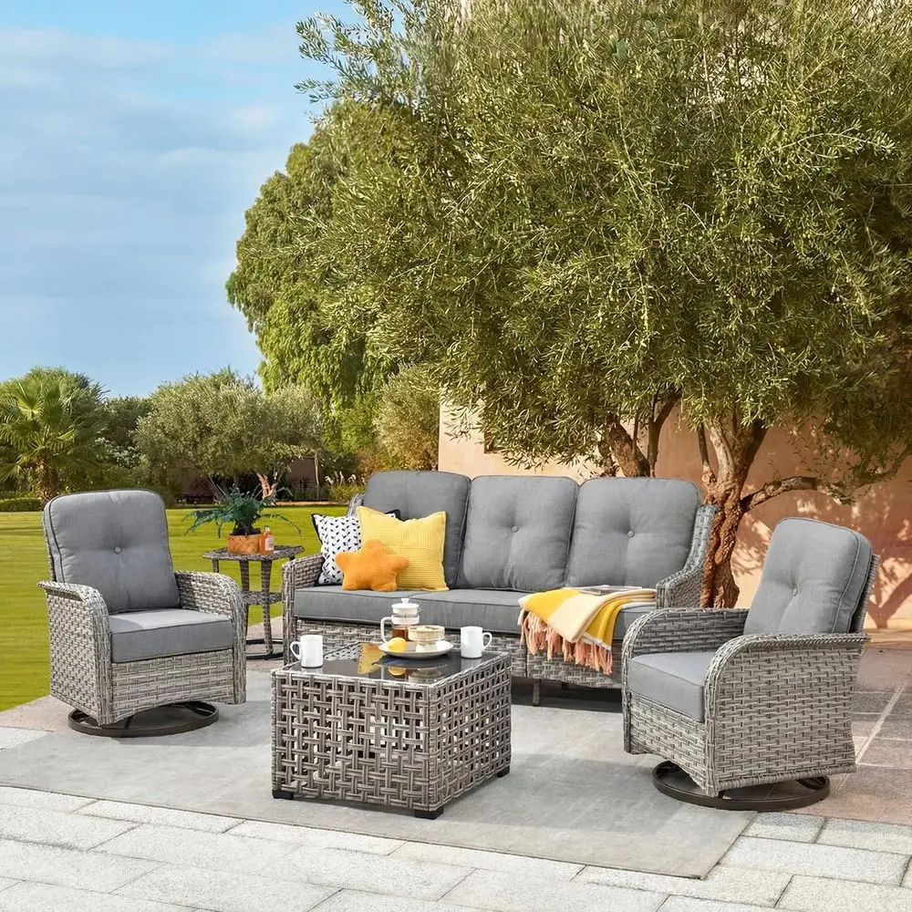 

All-Weather Wicker 5-Piece Outdoor Sofa Set with High-Back Swivel Rocker Chairs and Power-Lift Coffee Table, Grey Rattan with Gr