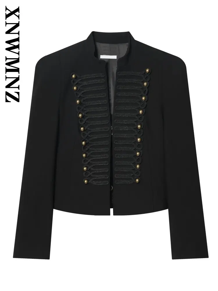 XNWMNZ 2026 Spring New Woman's Fashion boho Long Sleeve Short Blazer Party Casual Summer Lady Black Stand Collar Chic Suit Coat