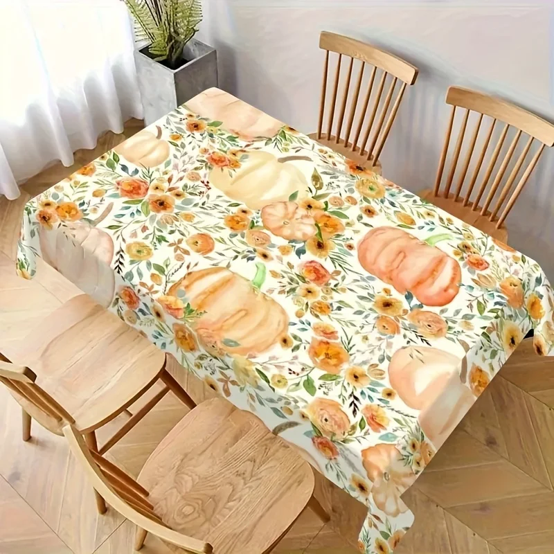 Linen Pumpkin Floral Tablecloth - Autumn Harvest Design with Pumpkins, Sunflowers & Green Foliage, Rectangular Pumpkin Decor