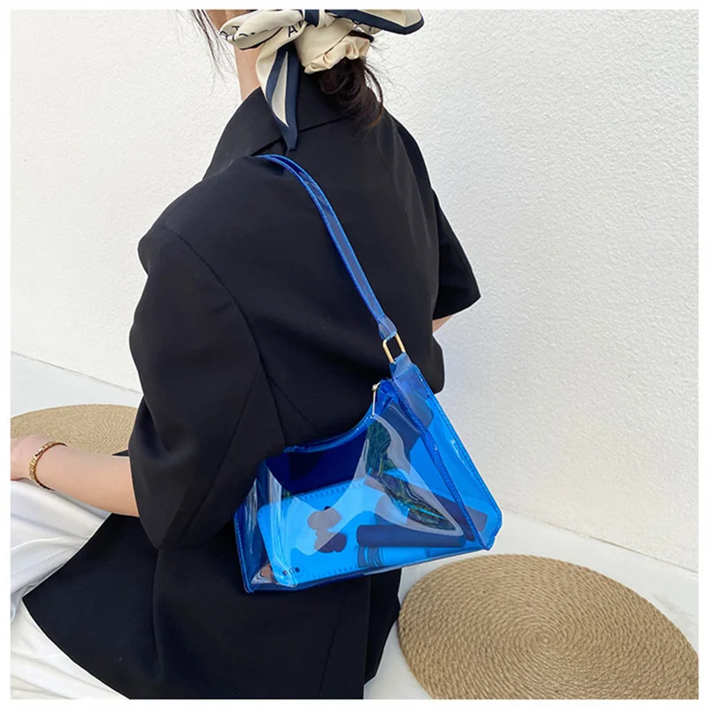 Fashion High Quality Pvc Handbag Transparent Eye-Catching Jelly Bag Zipper Multifunctional Simple Style Women\'S Shoulder Bag New