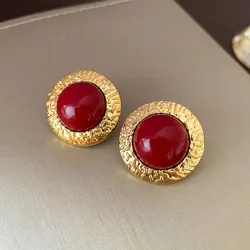 Vintage Literary Temperament Morandi Wine Red Round Earrings Korean Fashion Jewelry Party Girls Simple Earrings For Woman