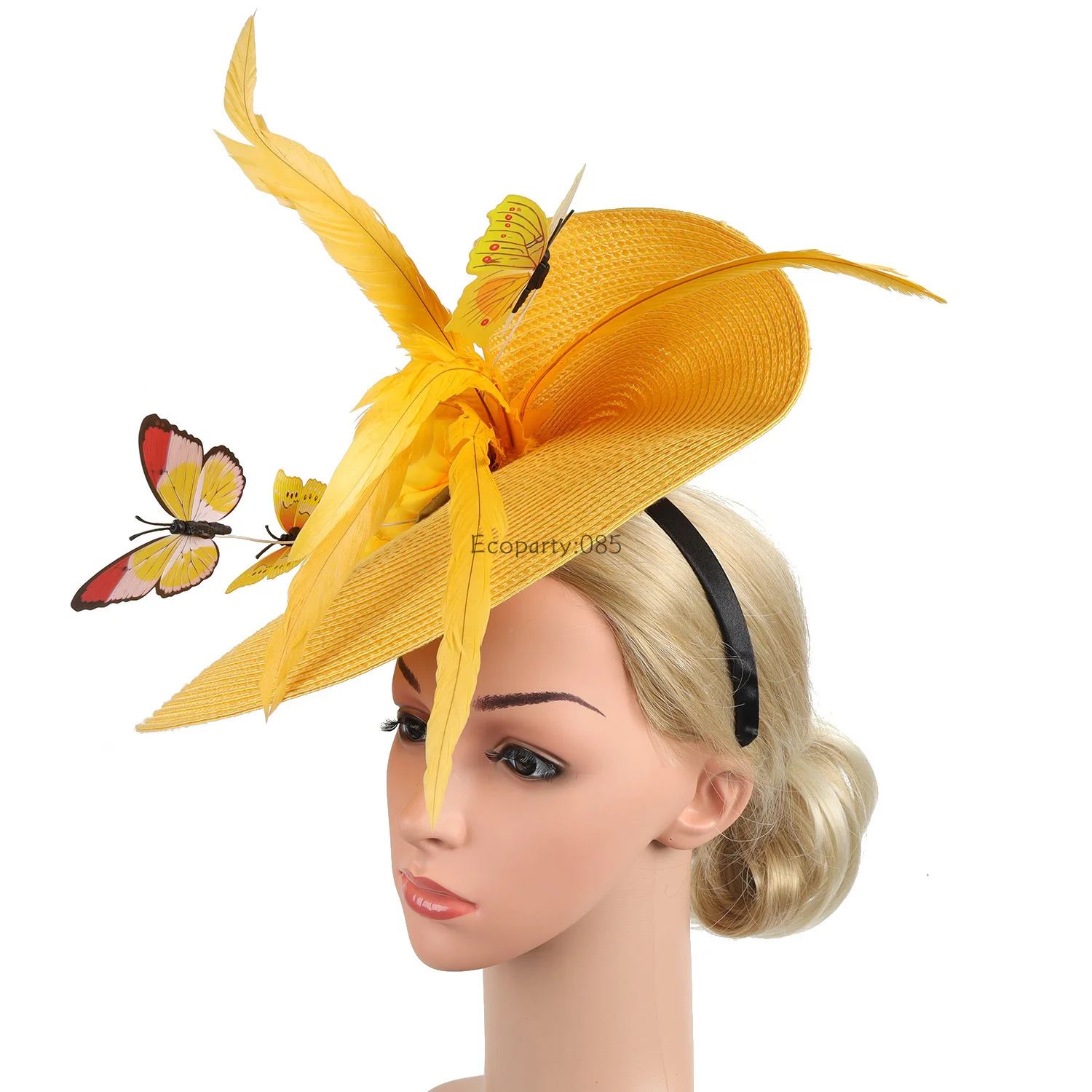 Elegante Kopfschmuck Nachahmung Strohhut übertrieben Bowler handgemachte Blumen Schmetterling Feder Kopf Blume Haar bänder Zubehör