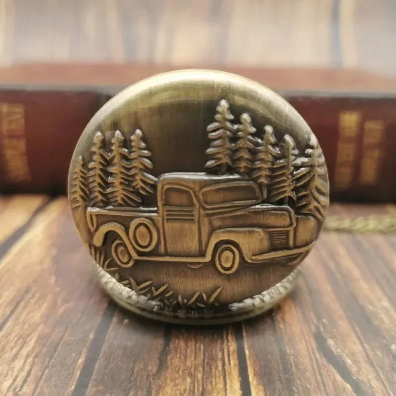 خمر سيارة شاحنة البرونزية ساعة جيب كوارتز التناظرية قلادة قلادة فوب ساعة تذكارية ساعة الجيب هدية للنساء الرجال الاطفال #1