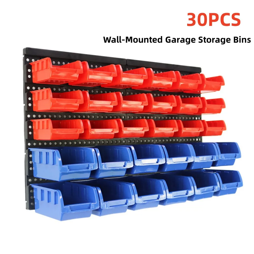 

Wall Mounted Storage Bins 30-Bin Parts Rack Organizer Garage with 2PCS Wall Panels Hooks Plastic Shop Tool for Screw Nails
