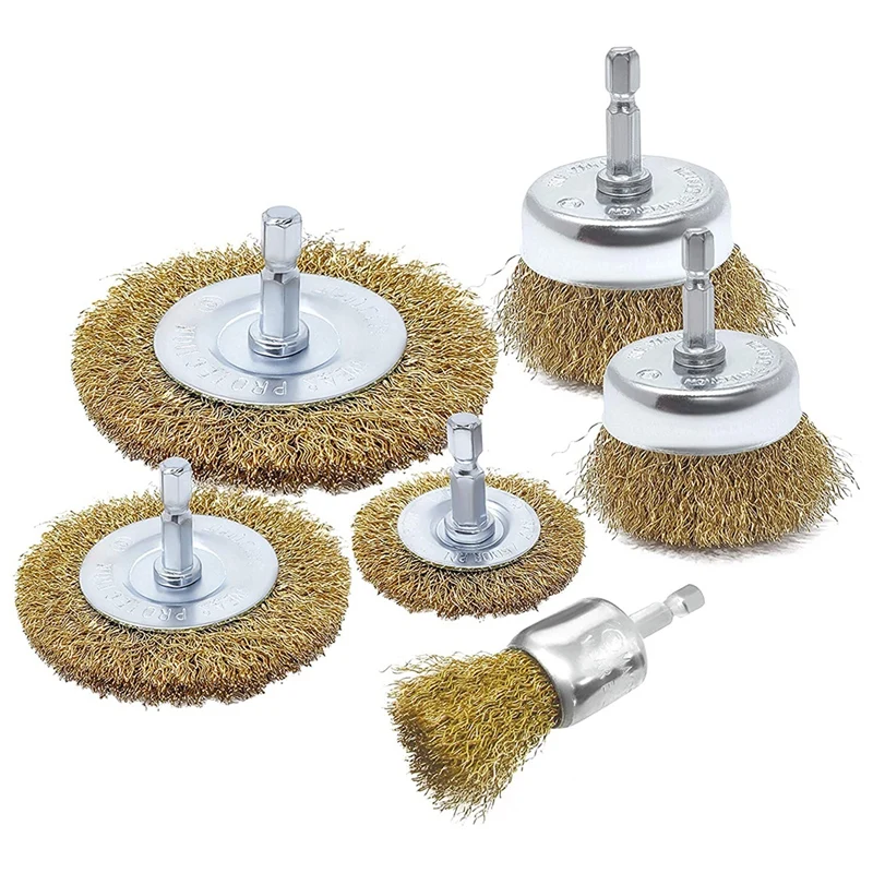 

6 Pack Wire Brush Attachment Set for Drill, Brass Coated