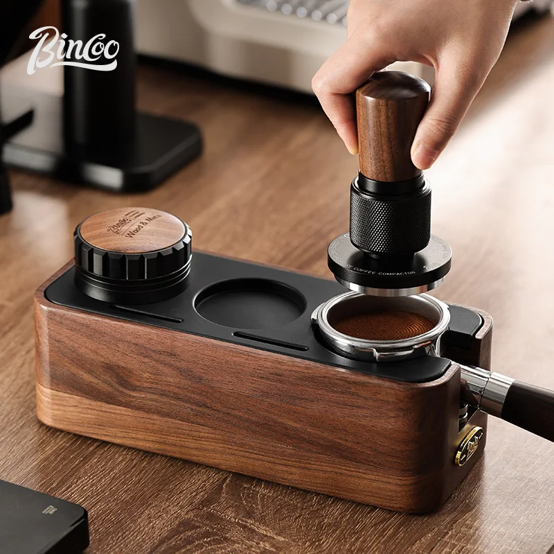 Bincoo Coffee Pressing Foundation Set Walnut Coffee Machine Pressing Hammer Powder Distributor 51/58mm Three-Piece Set