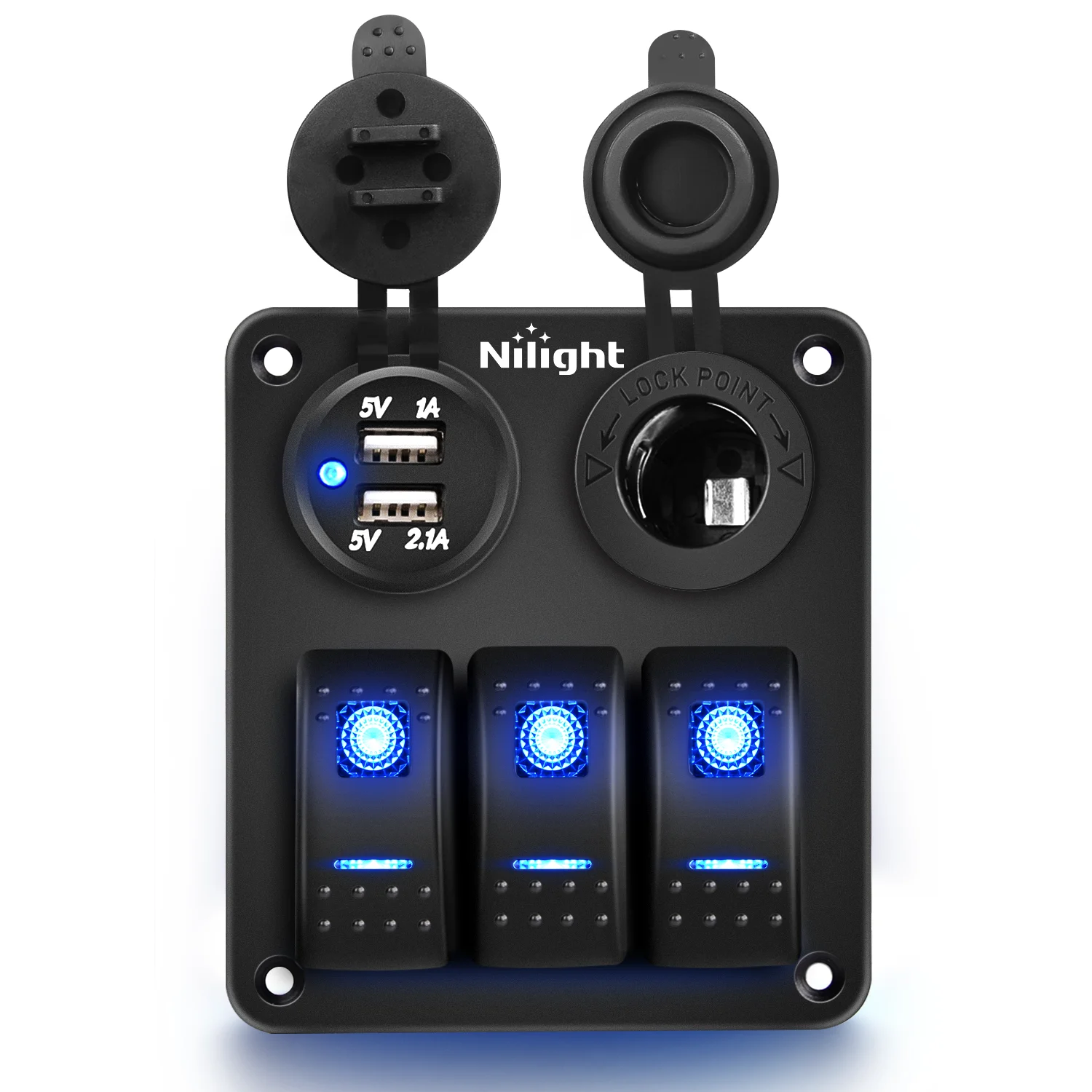 Nilight 3 Gang Rocker Switch Panel Waterproof Pre Wired Aluminum Switch Panel with Dual USB Charger Cigarette Lighter Socket for Car RV Truck Boat 12V 24VDC ON Off Switch Panel