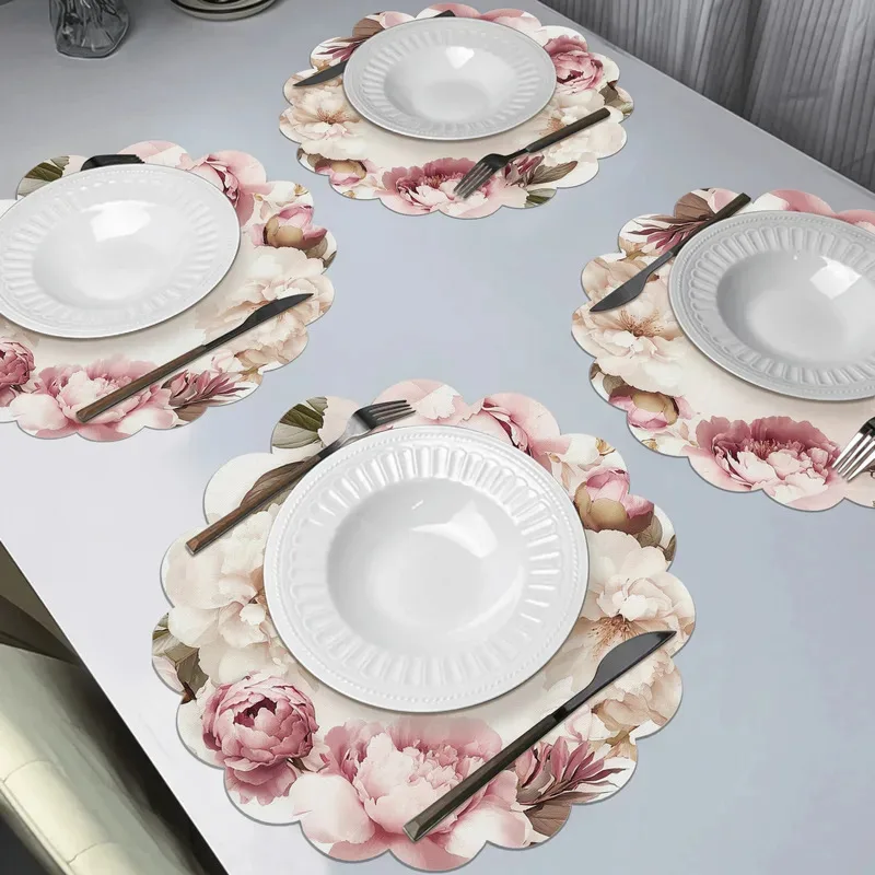 VIKAMA Four-Piece Peony Placemat Set Waterproof Table Mats Elegant Floral Design Home Kitchen Decor Banquet Dinner Parties