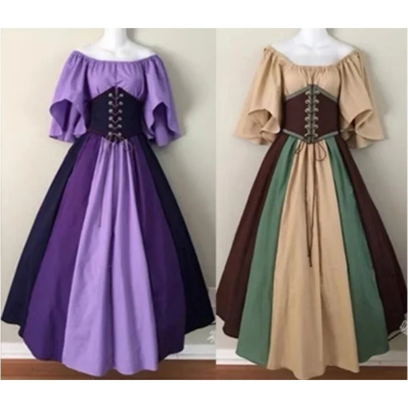 Explosive Cos Dress European and American Medieval Retro Palace Stitching Flying Sleeves Lace-up Waist One-shoulder Cos Dress