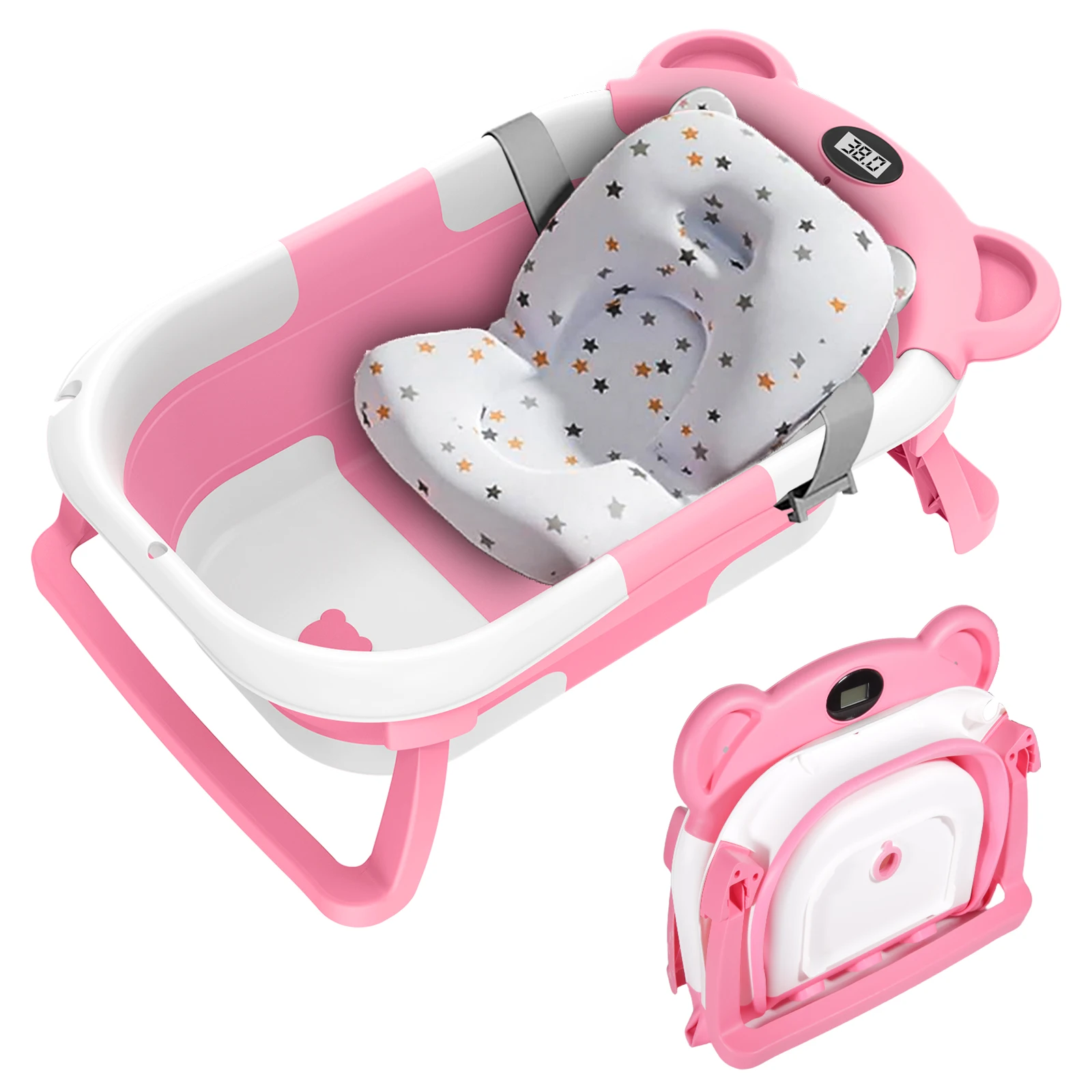 Echtzeit-Temperaturanzeige Baby-Badewanne Rutschfester Fußbadeeimer Faltbare Badezimmerwanne mit Badematte Sicherheitsgurt für Neugeborene und Kinder
