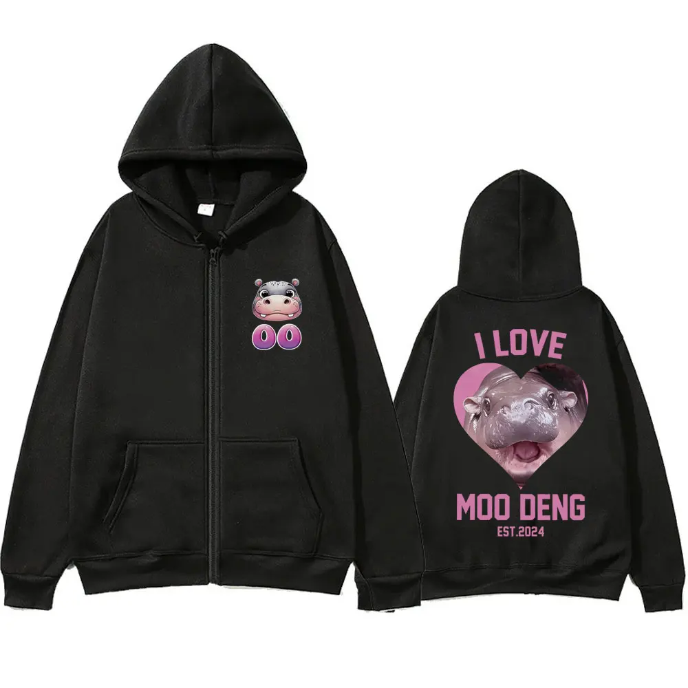 I Love Moo Deng Funny Meme Zipper Hoodie Baby Hippo Print Zip Up Jacket Men Women Cotton Oversized Fashion Casual Zip Up Hoodies