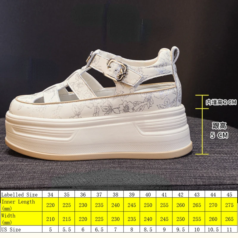 Fujin 7cm prawdziwej skóry ukryte obcasy platformy klinowe mieszkania sandały Chunky Sneaker moda krowa Hollow letnie czółenka buty damskie