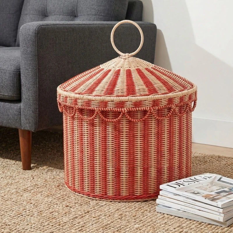 Red Beige Striped Woven Storage Basket With Lid Ring Handle Lace Trim Laundry Toy Clothes Organizer Bin