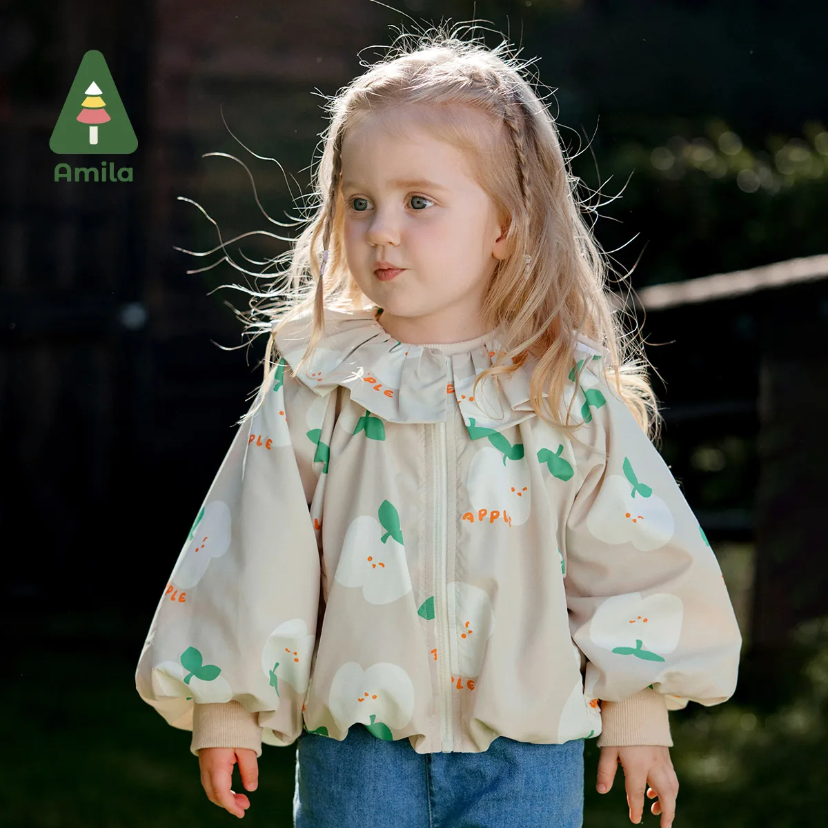 Amila 2024 Spring New Girls Lapel Loose Coat Lotus Collar With Lantern Sleeve Sweet Cute Printed Cotton  Baby Clothing