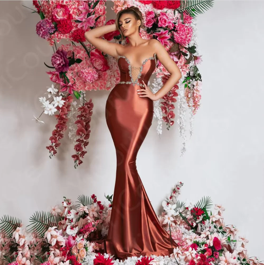 

Customized Erythrinus Mermaid Evening Dresses Sweetheart Prom Gowns Sleeveless Beading Sexy Wedding Party Dresses