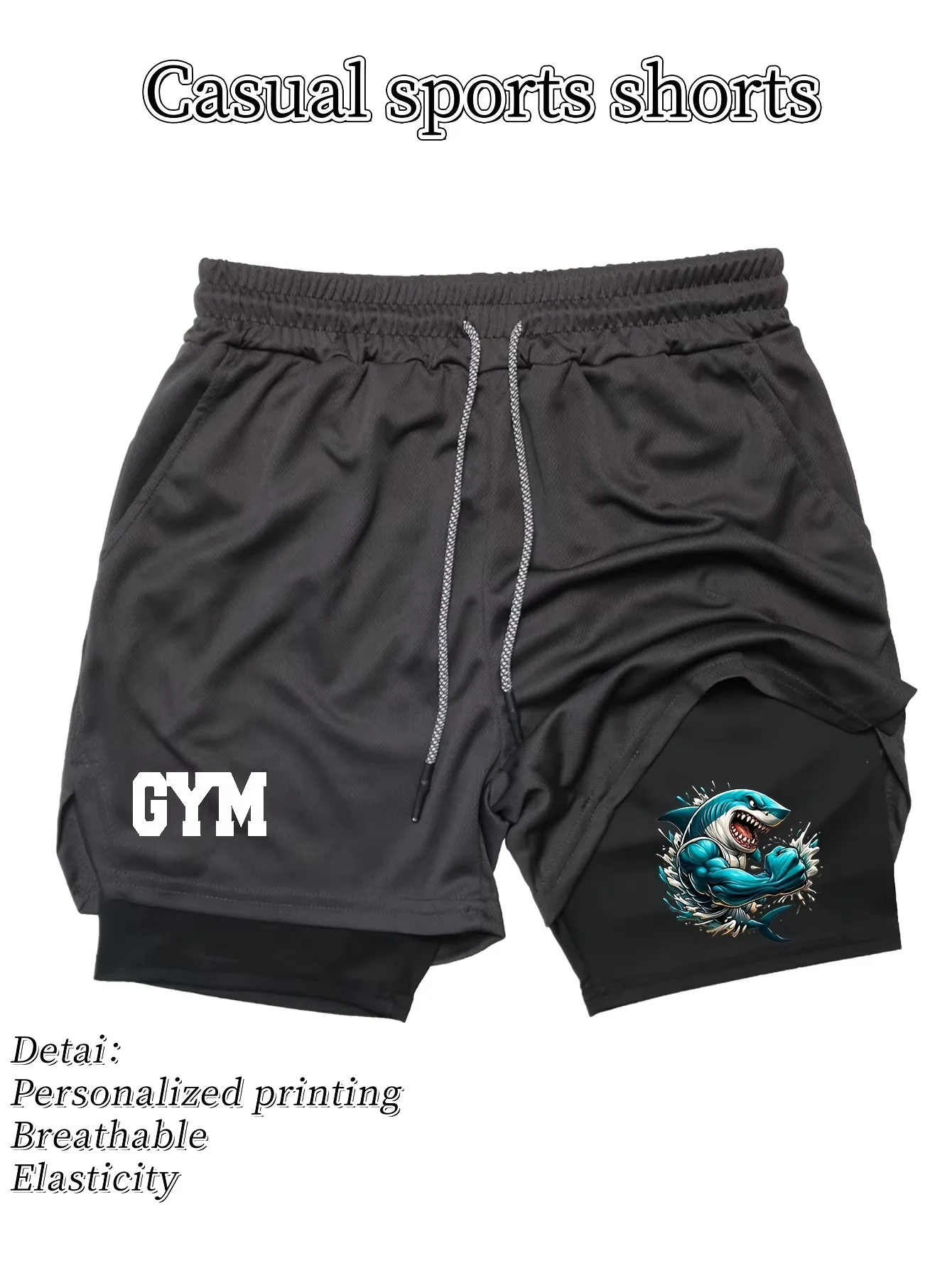 Celana Pendek Atletik Lapisan Ganda Cepat Kering Musim Panas Pria - Celana Pendek Gym Elastis Bernapas dengan Tali Serut yang Dapat Disesuaikan HX0042