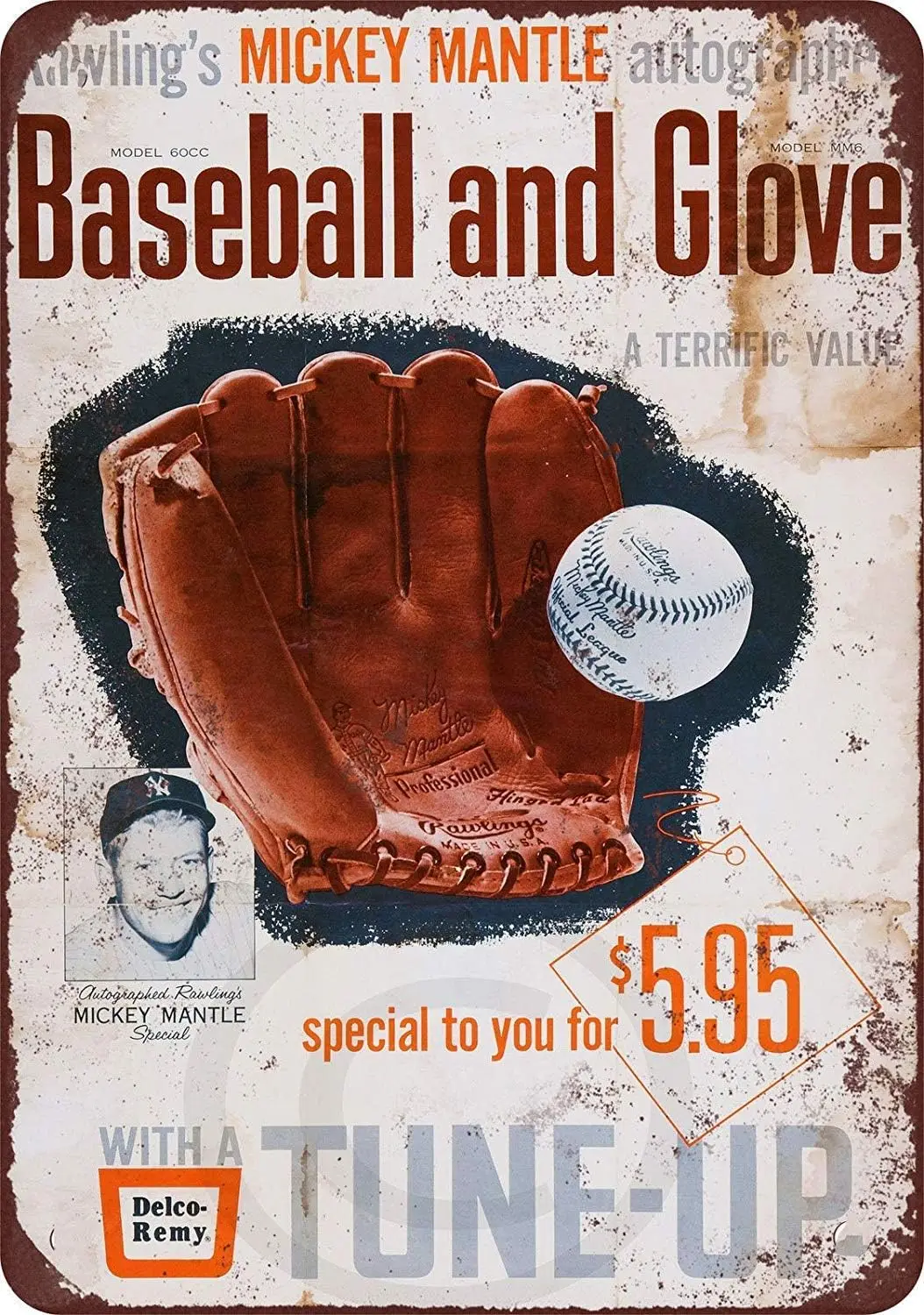 Tin Sign Mantle for Rawlings Baseball Glove Reproduction Metal -aluminum