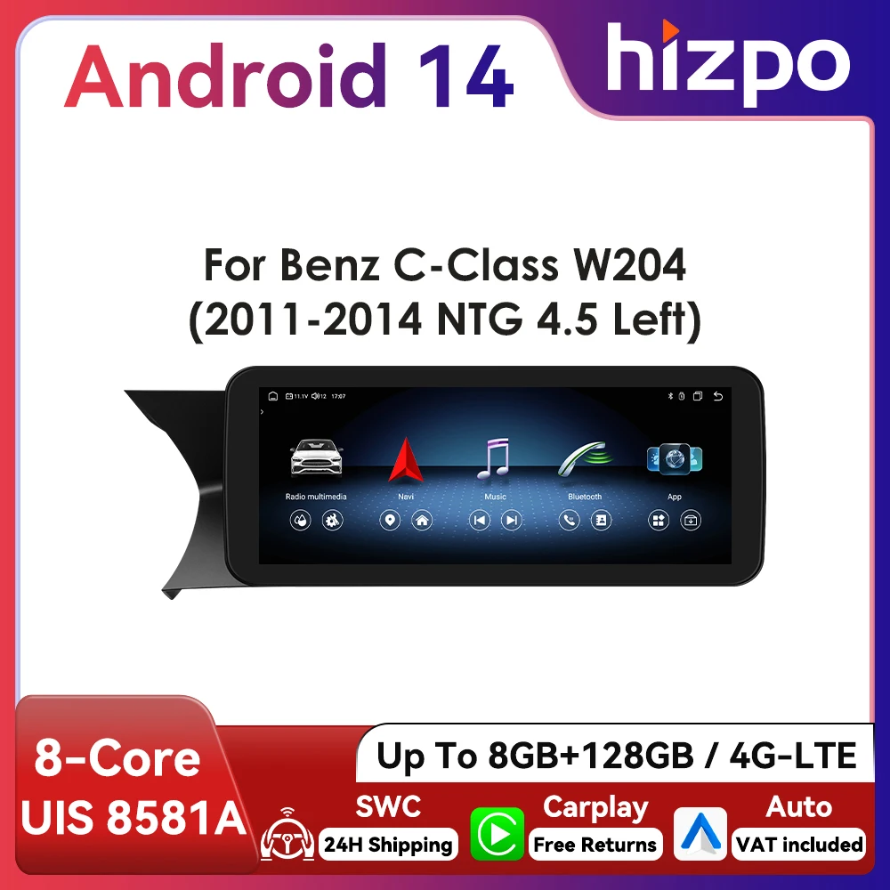 10,25 Zoll Hizpo Android-Autoradio für Mercedes Benz W204 S204 C-Klasse 2011–2014 NTG 4,5 Multimedia CarPlay 4G BT GPS DSP RDS